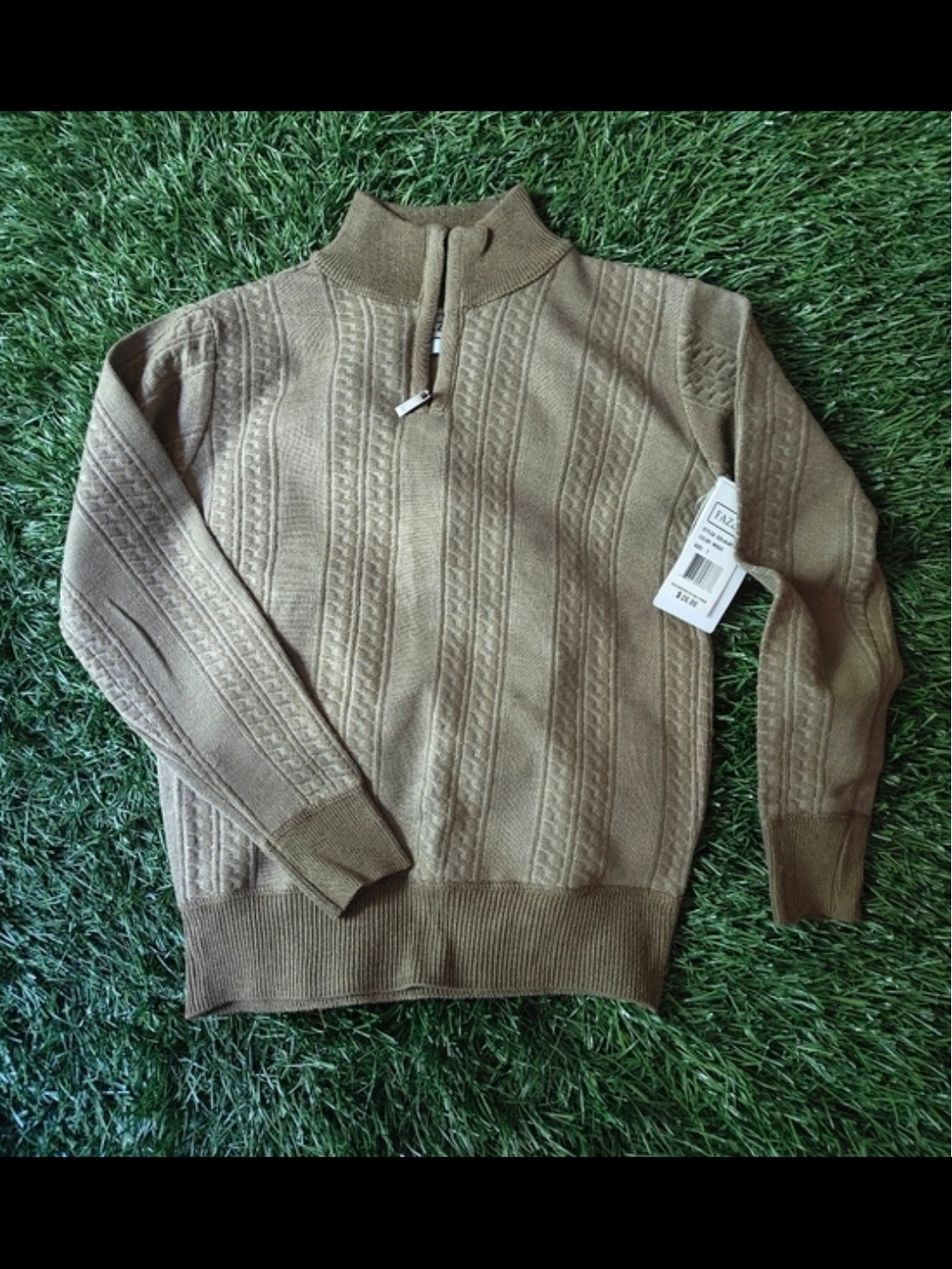 Boy's Half-Zip Cable Knit Sweater - Olive Brown